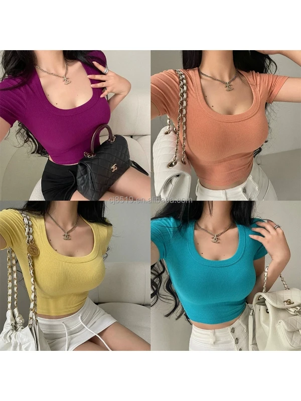 Womens-Fitted-Tight-Round-Neck-T-shirt-Combed-Cotton-300g-Non-Iron-Treatment-Summer-Casual-Style-Youth-Short