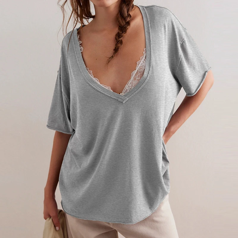 Womens-High-End-Sporty-Loose-V-Neck-T-Shirt-Anti-Pilling-Solid-Color-Plus-Size-Breathable-Cotton-Casual-Summer-Fashion-XL