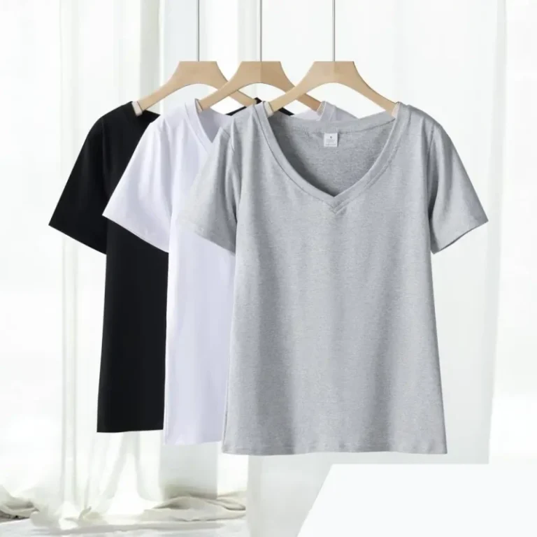 Womens-High-Quality-V-Neck-Polyester-T-Shirts-Casual-Solid-Color-Logo-Short-Sleeve-Spring-Daily-Wear