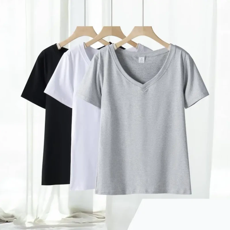 Womens-High-Quality-V-Neck-Polyester-T-Shirts-Casual-Solid-Color-Logo-Short-Sleeve-Spring-Daily-Wear