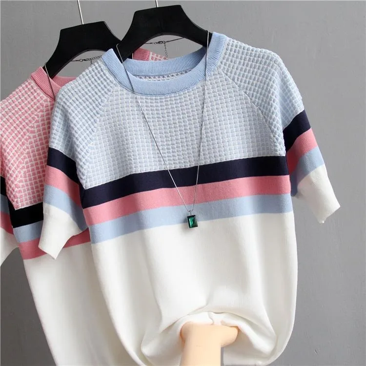 Womens-Ice-Silk-Knitted-Short-Sleeve-Graphic-T-Shirt-Loose-Sweet-Printed
