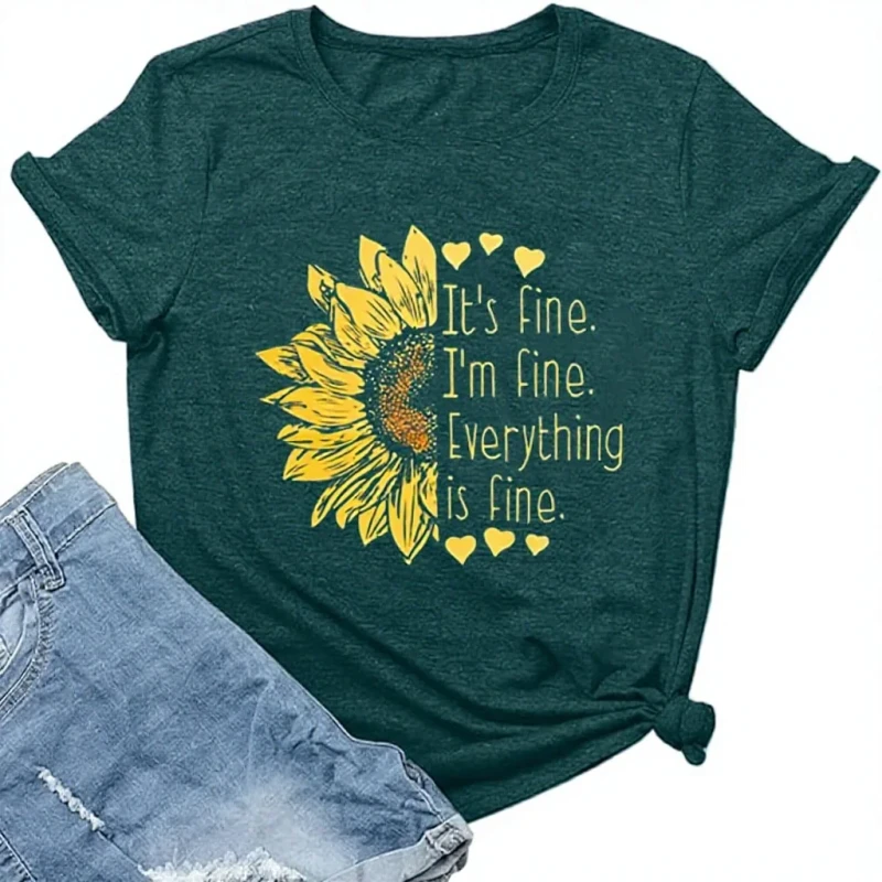 Womens-Im-Fine-Everything-Is-Fine-Cotton-Mandarin-Collar-T-Shirts-Sunflower-Short-Sleeve-USA-Flag-Casual-Cute-Funny