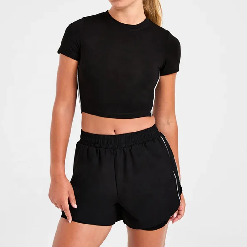 Womens-Lightweight-Stretch-Fabric-T-Shirt-Slim-Fit-Short-Sleeved-Crop-Top-High-Performance-Breathable-Puff-Printing-for-Summer