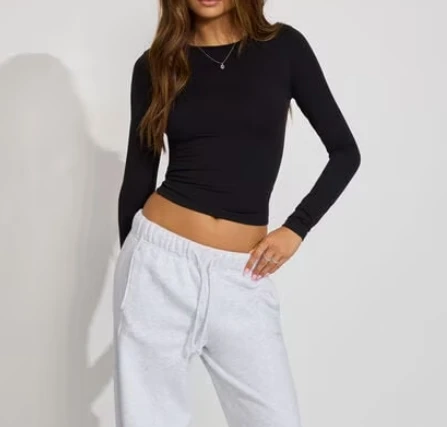 Womens-Long-Sleeve-Slim-Fit-Short-T-Shirt-Solid-Color-Crew-Neck-Ribbed-Pullover-Casual-Basic-Cotton-Top-Summer-Wear