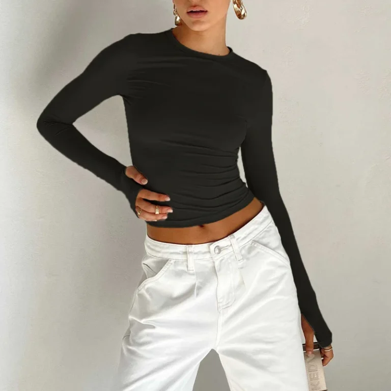 Womens-Long-Sleeve-T-Shirt-Plain-Solid-Color-Slim-Fit-Fitness-Top