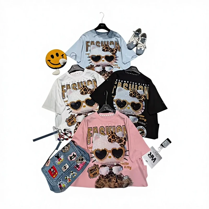 Womens-Luxury-Oversized-T-Shirt-Glitter-Rhinestone-Mouse-Pattern-Breathable-Casual-Style-Logo-Decoration-for-Spring