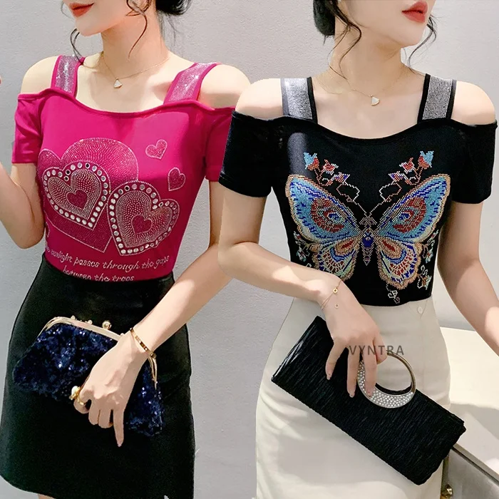 Womens-Multi-Pattern-Print-Off-Shoulder-Rhinestone-Shiny-Sequined-Clothes-Tee-Tops-Nightclub-Short-Sleeve-Shirts-Party-T-shirt
