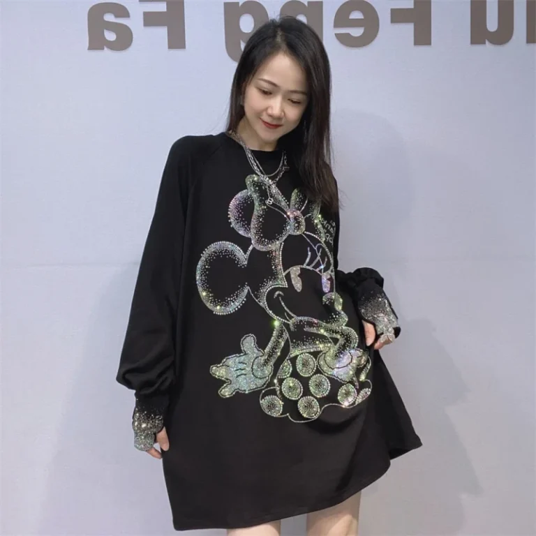 Womens-Neck-Raglan-Sleeve-Rhinestone-Cotton-Spandex-T-Shirt-Loose-Casual-Style-Anime-Cartoon-Pattern-Long-Sleeve-Top