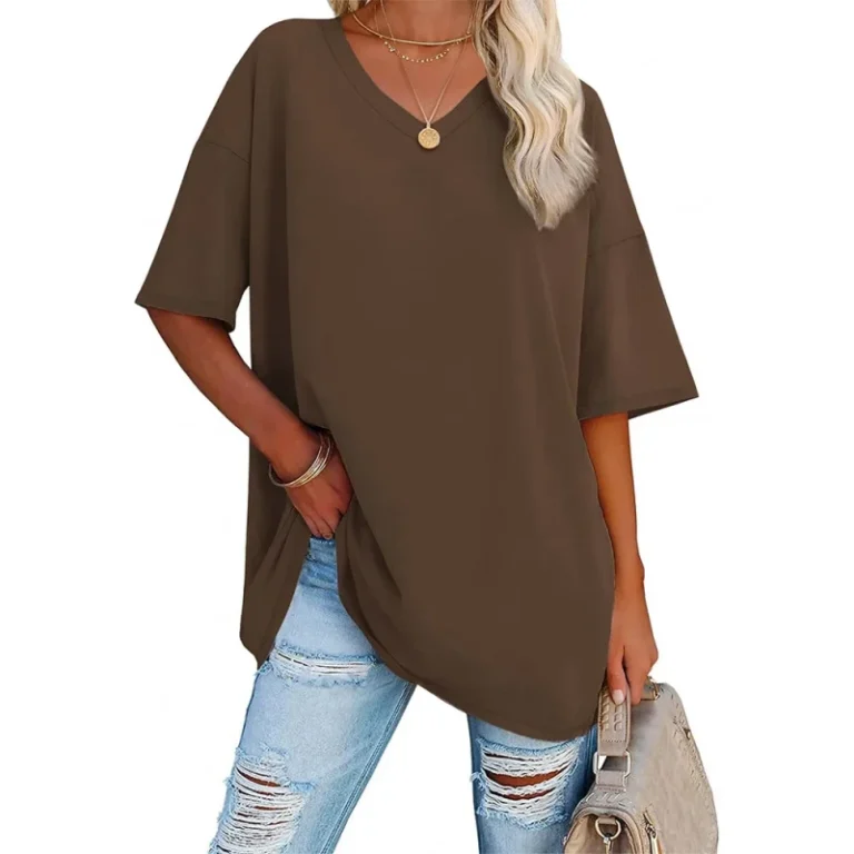 Womens-Oversized-V-Neck-T-Shirt-Loose-Knitted-Fabric-Casual-Style-for-Summer