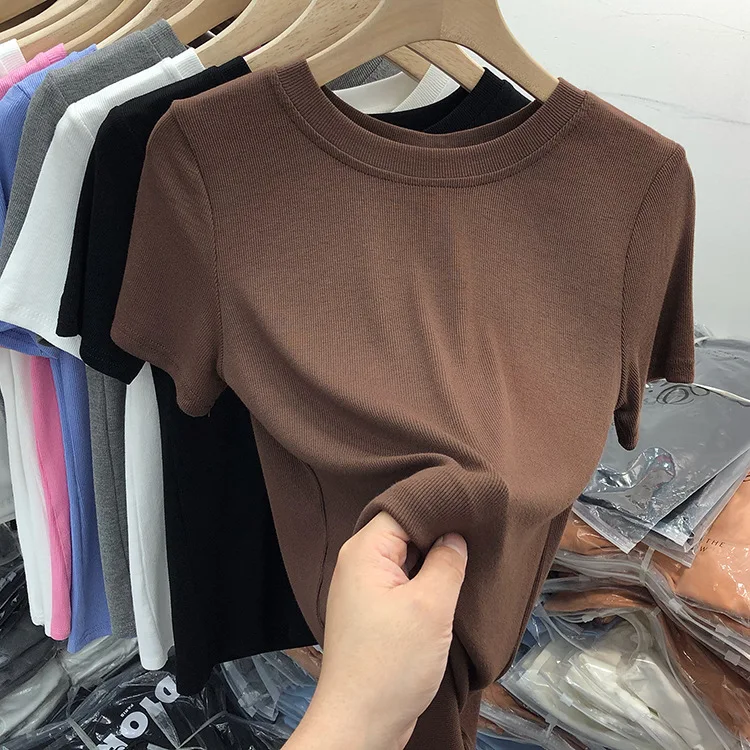 Womens-Plain-Dyed-Knitted-Short-Sleeve-T-Shirt-Skinny-Fit-Casual-Top-Regular-Shoulders-O-Neck