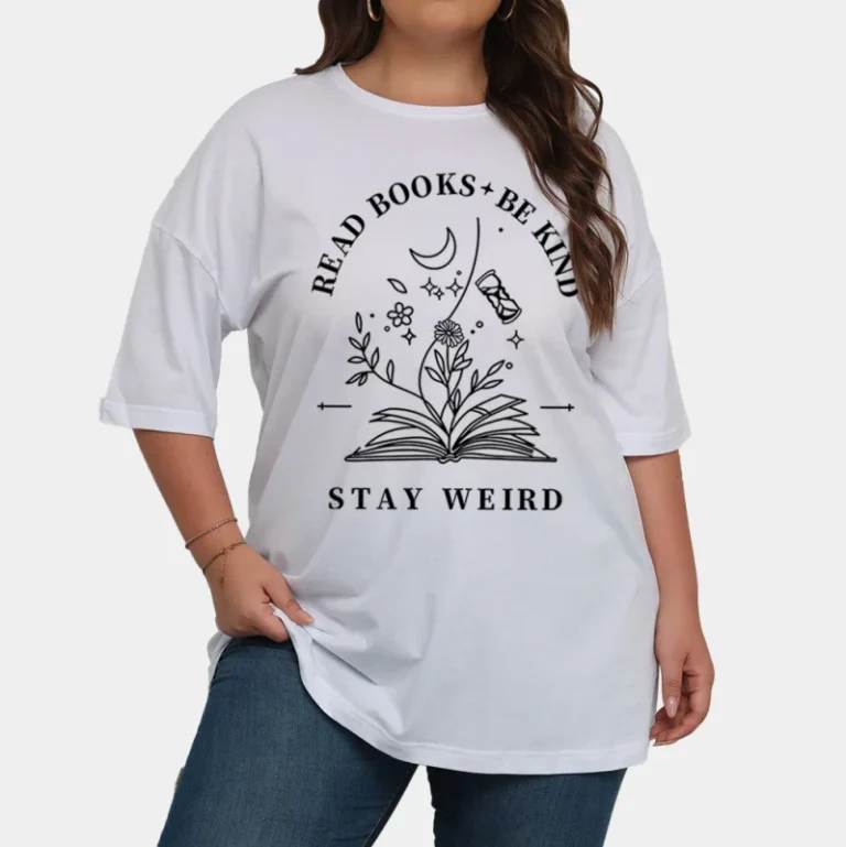 Womens-Plus-Size-Casual-Breathable-T-Shirts-Hot-Selling-Oversized-White-Organic-Cotton-Loose-Book-Flower-Letter-Logo-Graphic