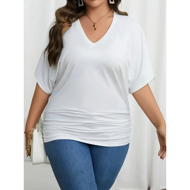 Womens-Plus-Size-Casual-T-Shirt-Custom-V-Neck-Design-Summer-Short-Sleeve-Solid-Color-Tops-New-Arrival