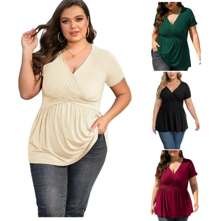 Womens-Plus-Size-T-Shirt-Spring-Summer-Casual-V-Neck-Blouse-Short-Sleeves-Solid-Color-Plain-Breathable-Digital-Print-Knitted