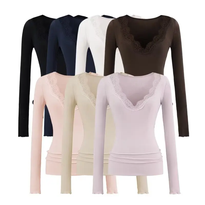 Womens-Polyester-V-Neck-Long-Sleeve-Slim-Fit-T-Shirt-with-Grace-Stitching