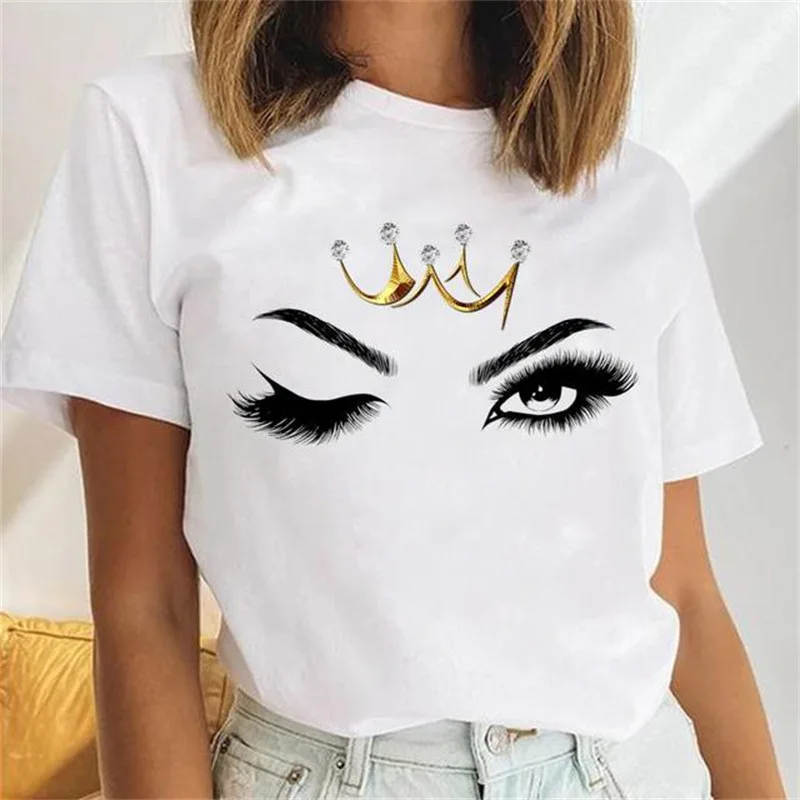 Womens-Printed-Funny-T-shirt-Cartoon-Eyelash-Lady-Short-Sleeve-Graphic-Plus-Size-T-Shirts-Tops