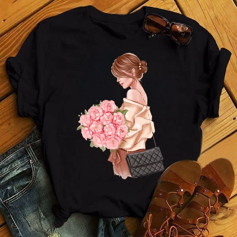 Womens-Printed-White-O-neck-Plain-T-shirt-Girls-Casual-Pattern-Short-Sleeve-Printing-Loose-Street-Trend-T-shirts