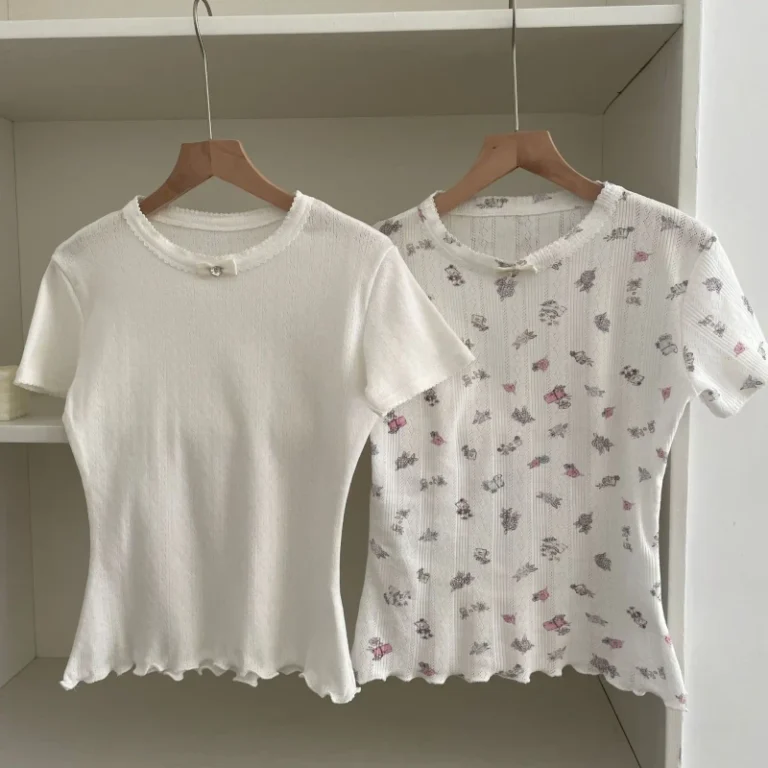 Womens-Pure-Cotton-Neck-Bow-Short-Sleeved-T-Shirt-Mesh-Decoration-Versatile-Undershirt-Top