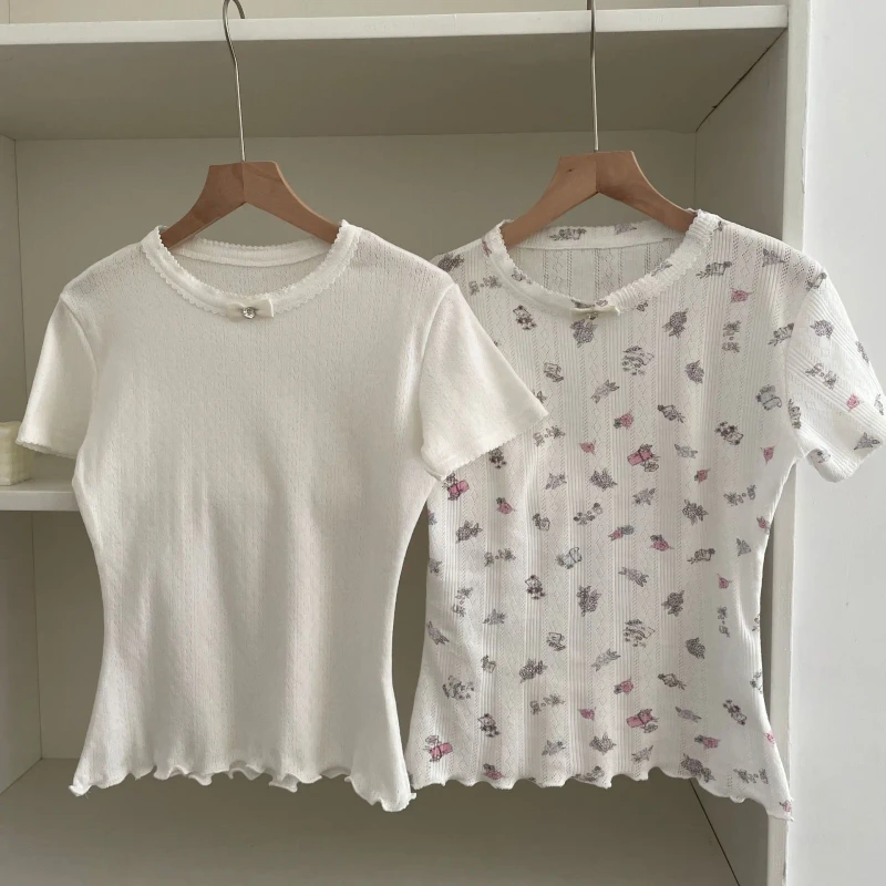 Womens-Pure-Cotton-Neck-Bow-Short-Sleeved-T-Shirt-Mesh-Decoration-Versatile-Undershirt-Top