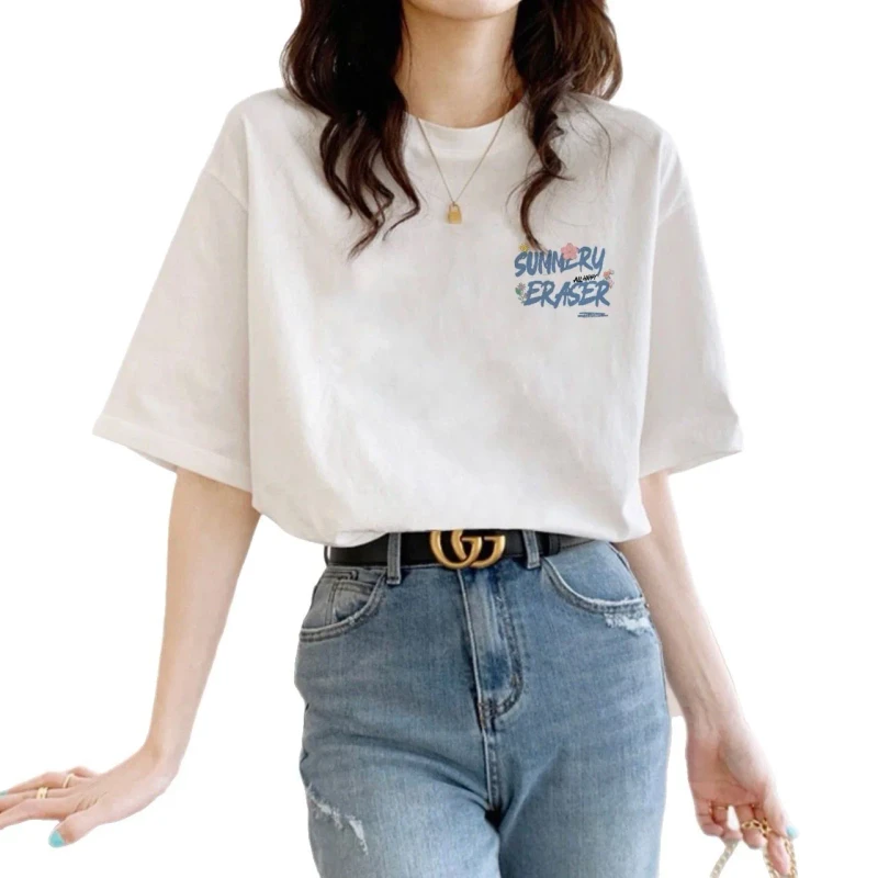 Womens-Pure-Cotton-Short-Sleeve-T-Shirt-Summer-All-Match-Printed-Regular-Shoulder-Top-Loose-Fit-Round-Neck-Inner