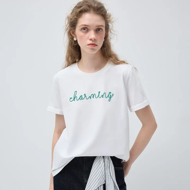 Womens-Round-Neck-Letter-T-Shirt-Charming-Embroidery-Spring-White-Casual-Short-Sleeve-Tee-Fashion-Versatile-Top