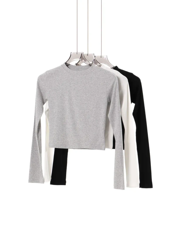 Womens-Short-Long-sleeve-T-shirt-Crop-Top-Crew-Neck-Trendy-Outfit-Girl-Style-Shirt-Versatile-Solid-Color-Top