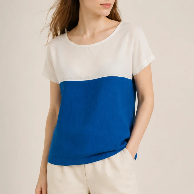Womens-Short-Sleeve-T-Shirt-Top-Bottom-Contrast-Design-O-Neck-Loose-Fit-Cotton-Blend-Comfortable-Stretchy-Casual-Everyday