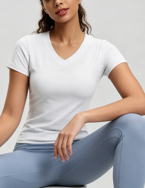 Womens-Slim-Fit-Minimalist-V-Neck-Summer-Athletic-Short-Sleeve-Breathable-Polyester-Spandex-Workout-Yoga-Gym-Running-T-Shirt