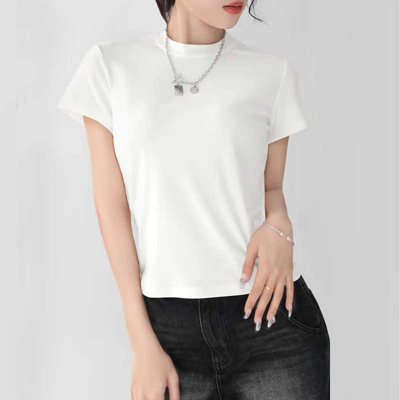 Womens-Slim-Fit-Short-Sleeved-Woven-Casual-T-Shirt-Breathable-High-End-Spicy-Girl-Temptation-for-Neck-Shoulder-Design-Summer