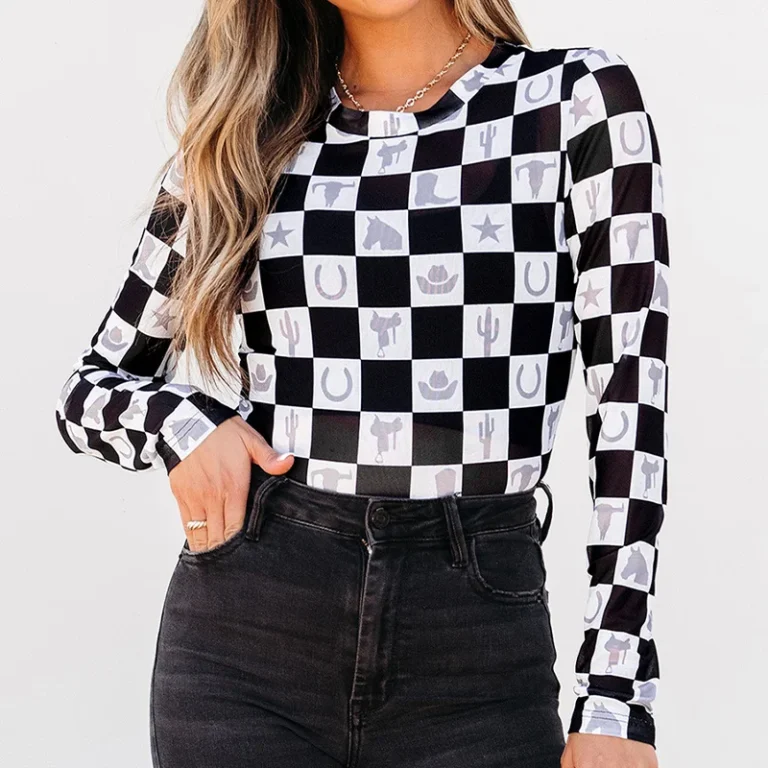 Womens-Slim-Round-Neck-Long-Sleeve-Western-Cowboy-Checkerboard-T-shirt