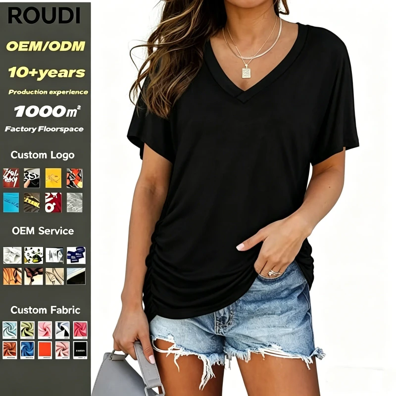 Womens-Soft-Skin-Friendly-Casual-V-Neck-Short-Sleeve-T-Shirt-Breathable-Knitted-100-Cotton-Everyday-Comfort-Wear-Solid-Dyed