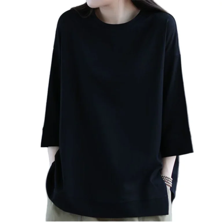 Womens-Solid-100-Cotton-O-Neck-Loose-T-Shirt-Three-Quarter-Sleeve-Casual-Breathable-Eco-Friendly-Summer-Top