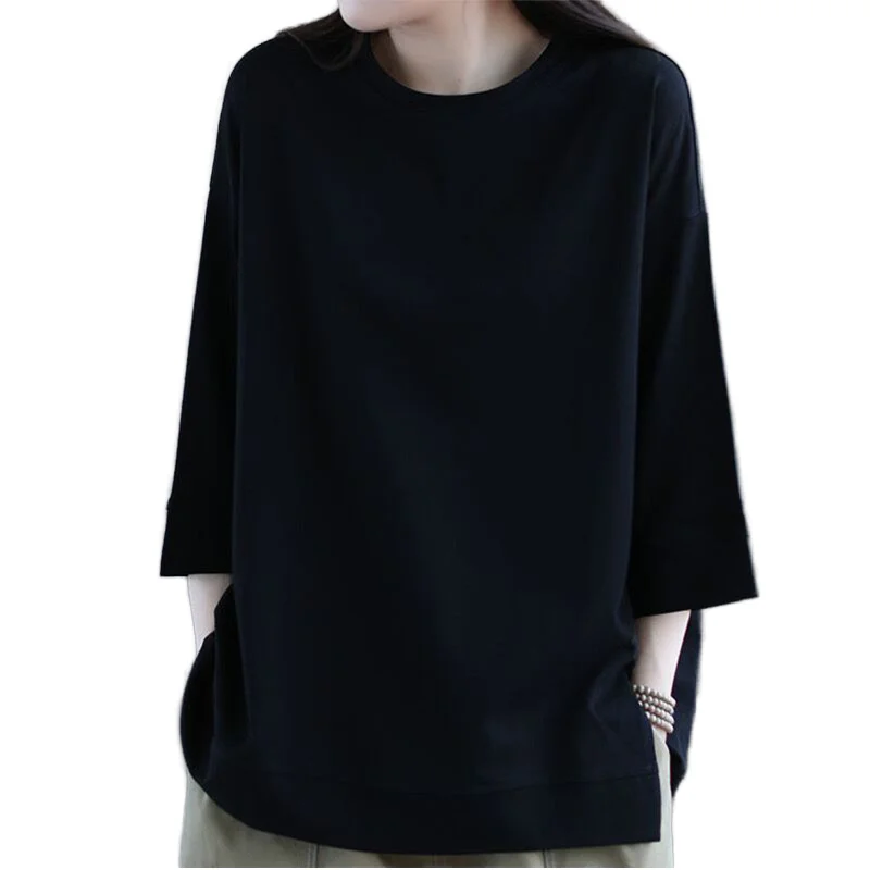 Womens-Solid-100-Cotton-O-Neck-Loose-T-Shirt-Three-Quarter-Sleeve-Casual-Breathable-Eco-Friendly-Summer-Top
