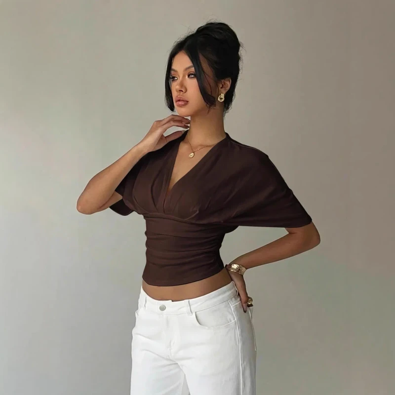 Womens-Solid-Color-Deep-V-neck-Short-Sleeve-T-shirt-Fashionable-Sexy-for-Spring-and-Summer