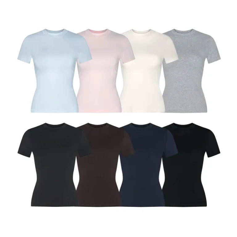 Womens-Solid-Color-High-Elasticity-Form-Fitting-Short-Sleeved-Casual-Sport-T-Shirt