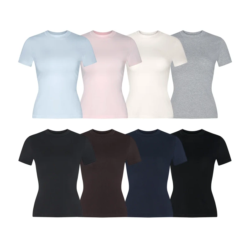 Womens-Solid-Color-High-Elasticity-Form-Fitting-Short-Sleeved-Casual-Sport-T-Shirt