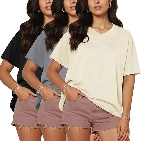 Womens-Spring-Summer-Fitness-Short-Sleeve-V-Neck-Loose-Fit-Milk-Silk-Polyester-Spandex-Top