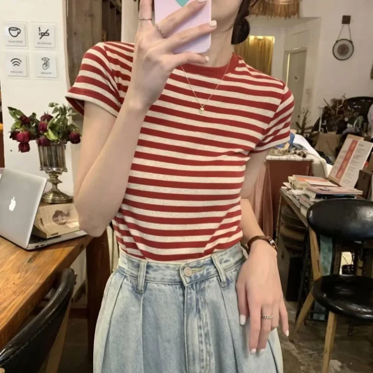 Womens-Striped-T-Shirts-Slim-Fit-Short-Sleeved-Blouse-Classic-Graphic-Tee