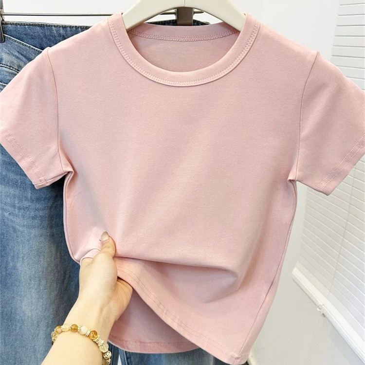 Womens-Summer-230GSM-Cotton-Spandex-Regular-Shoulder-T-Shirt-Pre-shrunk-Breathable-Slim-Fit-Versatile-Short-Sleeve-Top