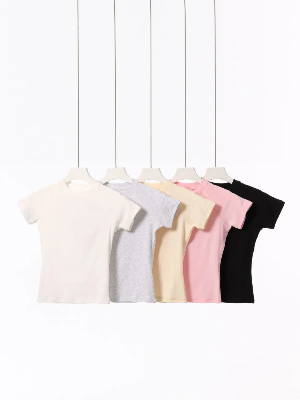 Womens-Summer-Breathable-Knitted-Cotton-Basic-Style-Neck-Short-Sleeve-Exposed-Navel-T-Shirt-Elastic-Tight-Slim-Fit