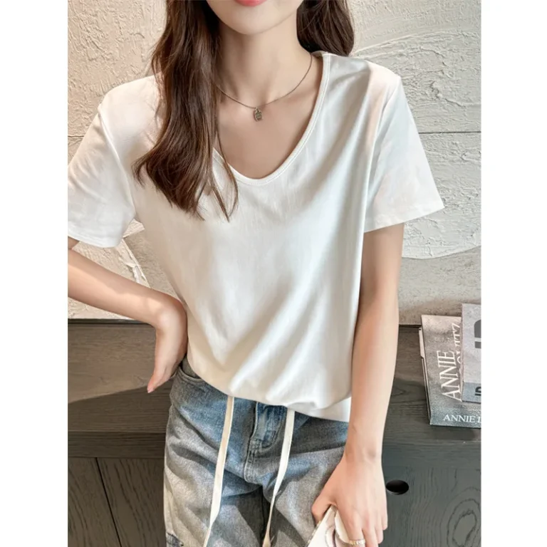 Womens-Summer-Casual-High-End-Loose-V-Neck-Regular-Shoulder-Short-Sleeve-T-Shirt