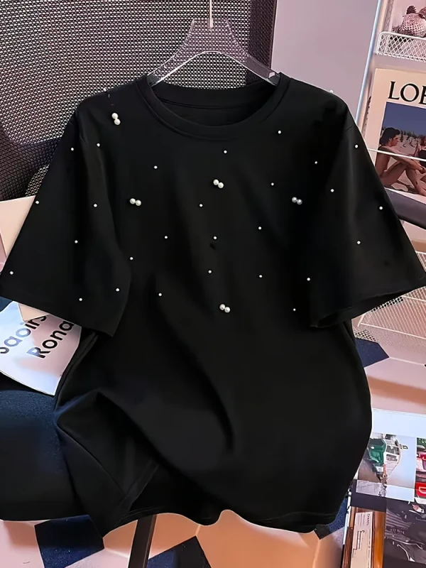 Womens-Summer-New-Beaded-Short-Sleeve-T-Shirt-European-American-Style-Loose-Unique-Design-Fashion-Top