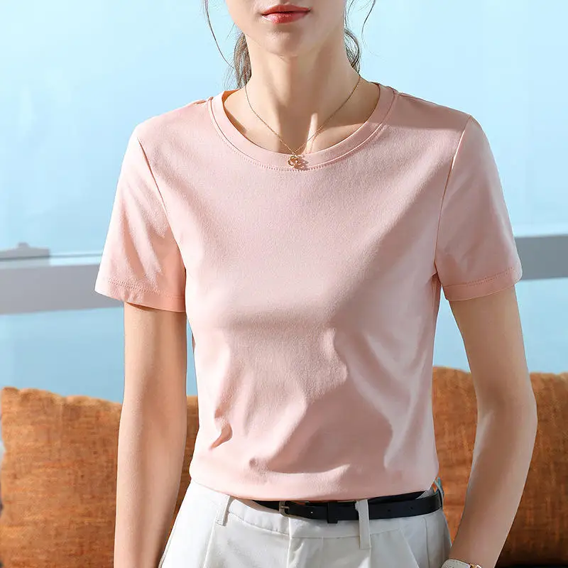 Womens-Summer-Short-Sleeve-T-Shirt-Ice-Silk-Feel-Mercerized-Cotton-Simple-Waist-Cinching-Top-in-Solid-Color