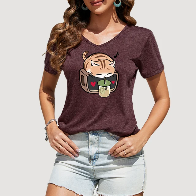 Womens-Summer-Silk-Cotton-Casual-V-Neck-T-Shirt-High-Quality-Cute-Cat-Drinking-Juice-Print-Slim-Fit-Patches-Logo