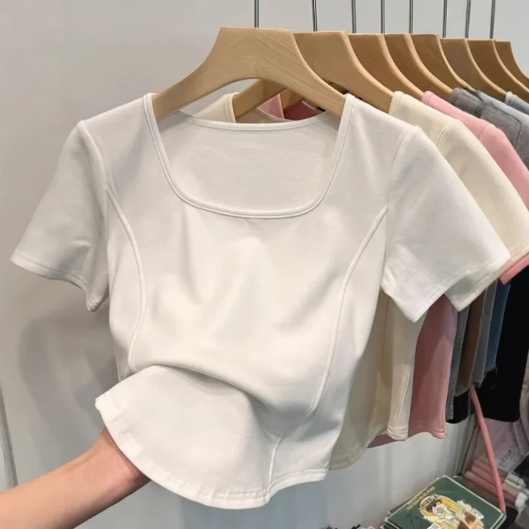 Womens-Summer-Square-Neck-Short-Sleeved-T-Shirt-White-Curved-Hem-Large-Neckline-Slim-Fit-Fishbone-Top-Plain-Dyed-Solid-Long