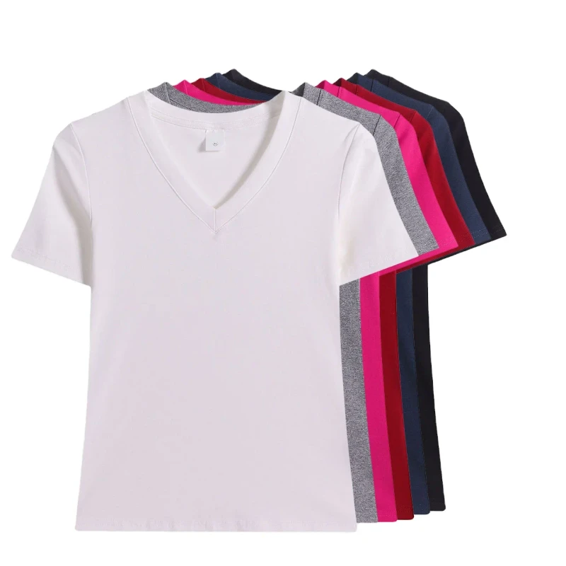 Womens-Summer-V-Neck-Short-Sleeve-100-Cotton-Anti-Pilling-Breathable-Casual-Printed-T-Shirt
