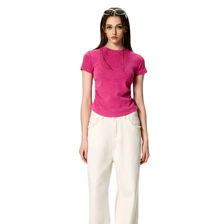 Womens-Summer-Washed-Casual-Slim-Fit-T-Shirt