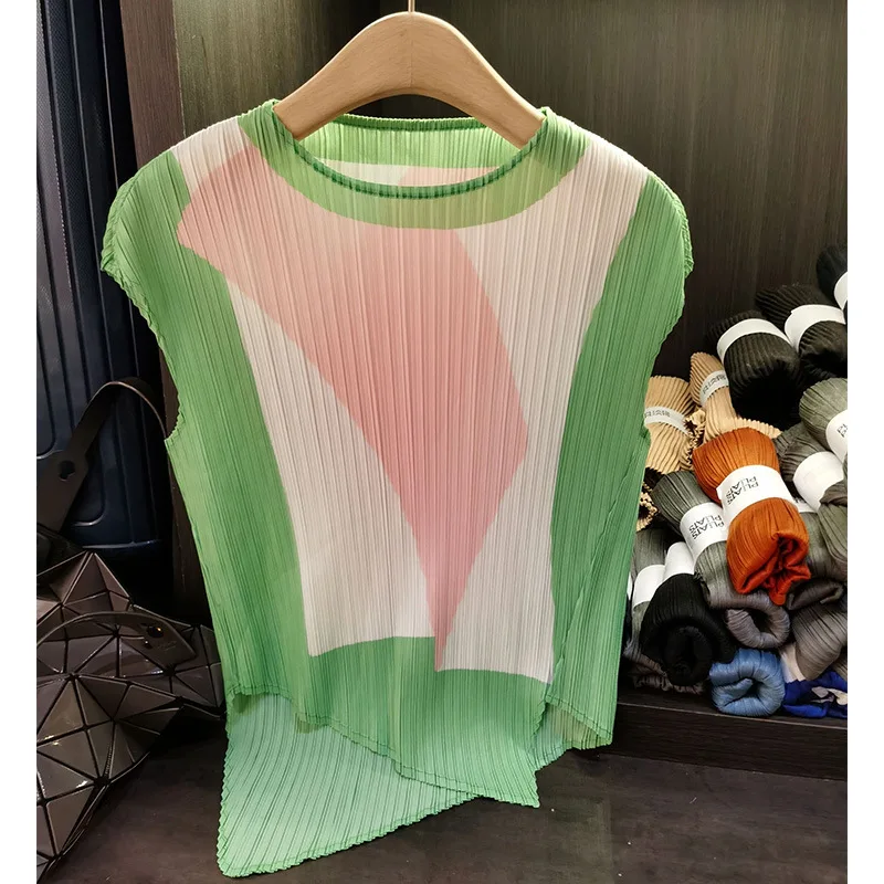 Womens-Summer-Wild-Slimming-Sleeveless-T-shirt-Sanzhai-Fashion-Irregular-Color-Matching-Printing-Top-Wear