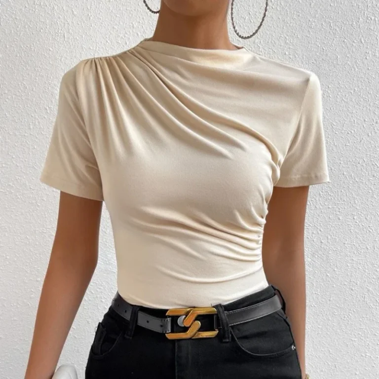 Womens-T-Shirts-Fashion-Casual-Round-Neck-Short-Sleeve-Childrens-Tops-Breathable-Solid-Color-Pleated-Womens-T-Shirts