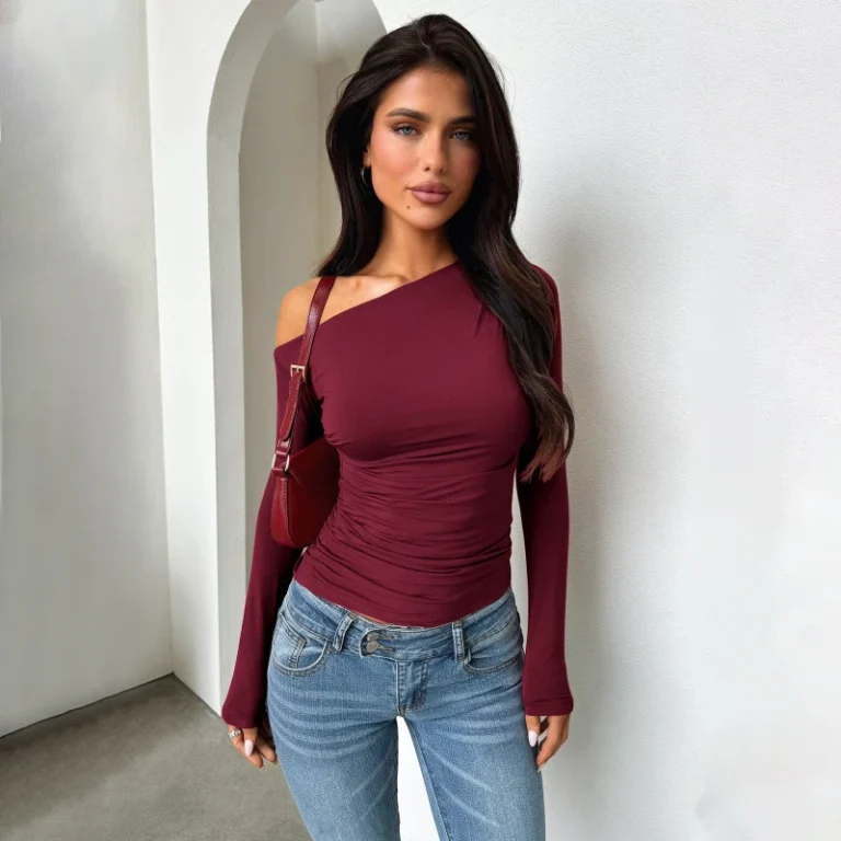 Womens-T-shirt-Diagonal-Neck-Off-shoulder-Long-Sleeve-Sweater-Summer-High-grade-Spice-Girl-Top-Female-Design-Sense