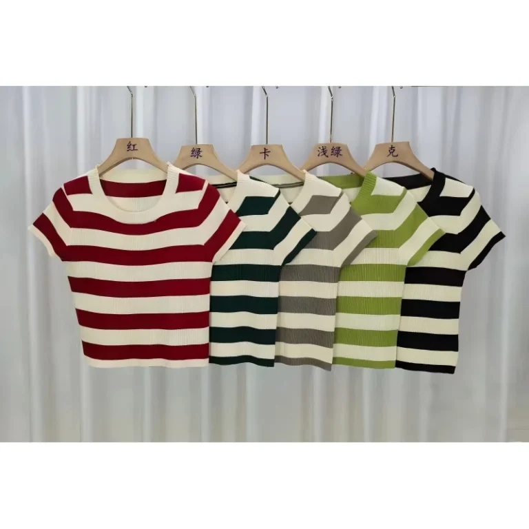Womens-Trendy-Green-Vintage-Style-Regular-Fit-Striped-Short-Sleeved-Spandex-Polyester-Knitted-Summer-T-Shirt-One-Size